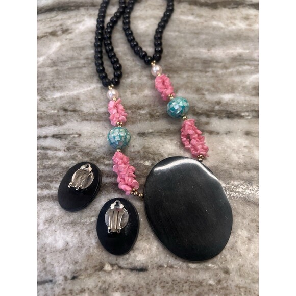 Vintage Lee Sands Flowers Necklace And Earrings Set Clip On Pink Green Black - Picture 6 of 9